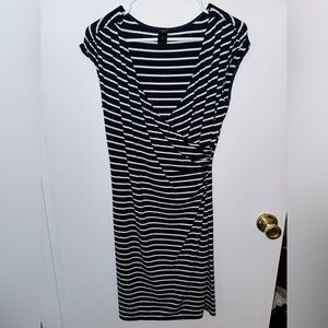 Navy Blue and White Striped Ann Taylor Wrap Dress, small petite